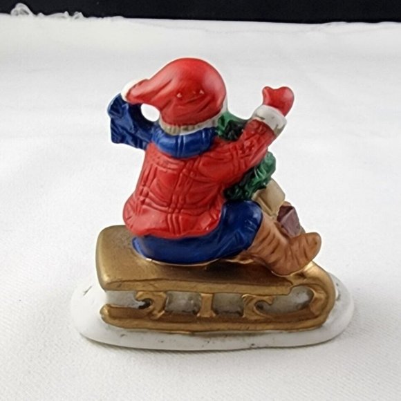 Vintage Russ Berrie & Co. Waving Child on Sleigh with Tree Item No 9734 - Picture 3 of 7